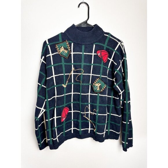 Marisa Christina Equestrian Mock Neck Sweater Preppy Windowpane Plaid Knit small - Picture 1 of 6